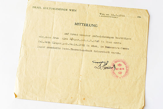 Bestätigung der Israelitischen Kultusgemeinde für Ruth Klüger, 1946 – © Österreichische Nationalbibliothek 