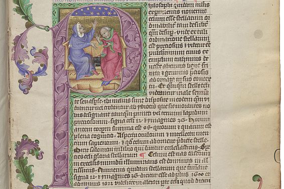 Zwei Astronomen mit Messgeräten (Quadrant), Astronomische Sammelhandschrift (lat.), Prag (Wenzelswerkstatt), 1392/94 – © Österreichische Nationalbibliothek 