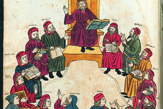 Avicenna (um 980–1037) als „König“ im Kreis disputierender Ärzte, Herbarium (lat.), Verona oder Venetien, spätes 15. Jh. – © Österreichische Nationalbibliothek