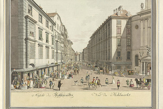 Wien zur Zeit Beethovens, Kohlmarkt mit Artaria-Haus, Radierung von Karl Schütz und Johann Ziegler, um 1800 – © Österreichische Nationalbibliothek 