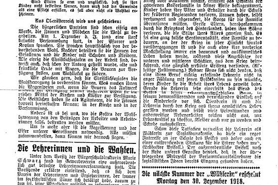 Die Lehrerinnen und die Wahlen; aus: Die Wählerin, Nr. 4, 23. Dezember 1918, Seite 4