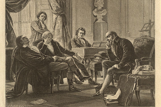 „Die Intimen bei Beethoven“: Anton Schindler, Sigmund Anton Steiner, Georg Joseph Vogler, Gottfried van Swieten bei Beethoven. Stich nach einem Gemälde von Albert Gräfle, um 1892 – © Österreichische Nationalbibliothek