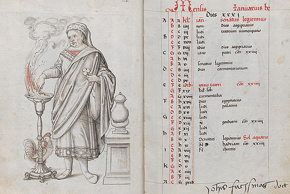 6. Personifikation des Januar und Kalenderblatt mit Besitzvermerk des Humanisten Johannes Fuchsmagen