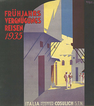 Gemaltes Plakat mit TouristInnen, die durch italienische Gassen flanieren. Aufschrift: Frühjahr Vergnügungs Reisen 1935