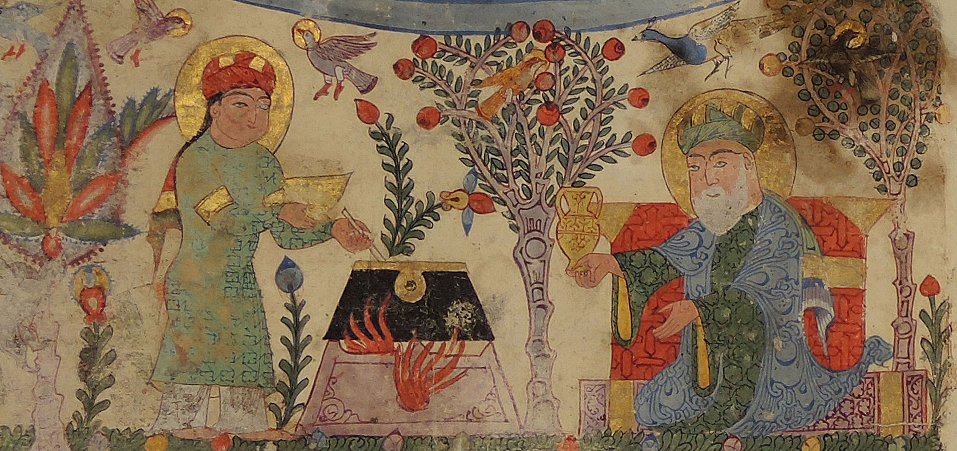 Zwei Personen, eine rührt in großem Topf zwischen Pflanzen, vergoldete Details