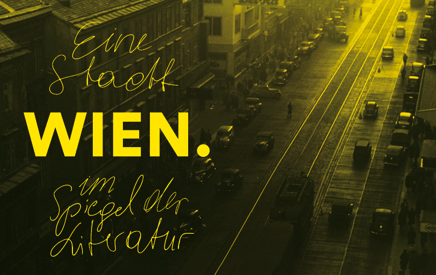 Gelbstichiges Foto der Stadt mit gelber Schrift