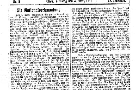Die Nationalversammlung; aus: Arbeiterinnen-Zeitung, 28. Jg., Nr. 5, 4. März 1919, Seite 1