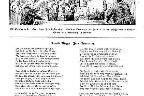 Frauen ins Parlament; aus: Der Frauentag. Festbroschüre zum Internationalen Frauentag am 19. März mit Gedichten, Grußadressen und Beiträgen zum Frauenwahlrecht etc. (mit Illustrationen). Wien 1911, Seite 4; <a href="http://www.literature.at/viewer.alo