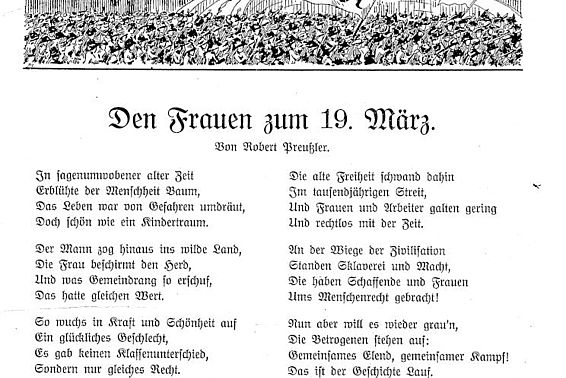 Der Frauentag. Festbroschüre zum Internationalen Frauentag am 19. März mit Gedichten, Grußadressen und Beiträgen zum Frauenwahlrecht etc. (mit Illustrationen). Wien 1911, Seite 1; <a href="http://www.literature.at/viewer.alo?objid=11009&viewmode=fulls