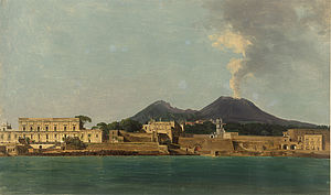 Gemälde des Hafens von Neapel mit dem rauchenden Vesuv im Hintergrund