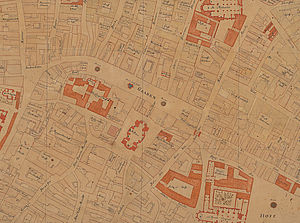 Vergilbter Stadtplan der Wiener Innenstadt mit einigen rot umrandeten Gebäuden
