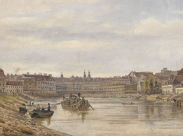 Alte Grafik von einer Ansicht auf Wien mit der Donau und bemannten Booten im Vordergrund