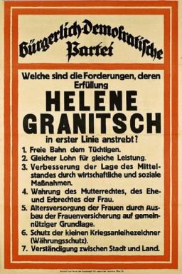 Wahlwerbung  der bürgerlich-demokratischen Partei zur konstituierenden Nationalversammlung am 16.2.1919 mit Helene Granitsch als Kandidatin