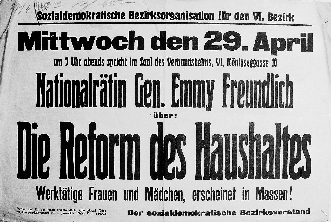 Ankündigung einer sozialdemokratische Veranstaltung für werktätige Frauen und Mädchen mit einem Referat von Emmy Freundlich über die Reform des Haushaltes am 29. April 1925