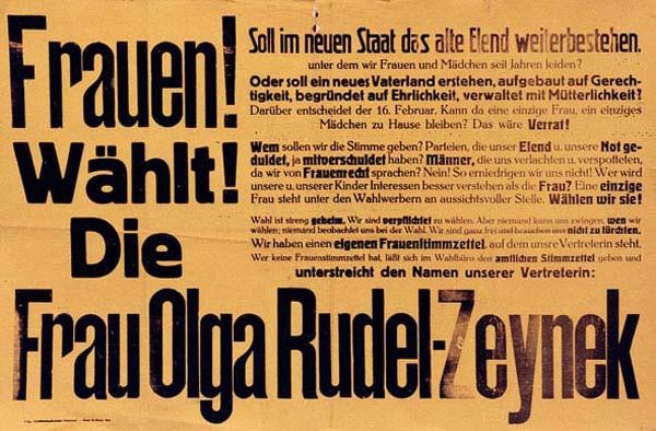 Wahlwerbung für die Wahl von Olga Rudel-Zeynek zur konstituierenden Nationalversammlung am 16. Februar 1919 in Graz