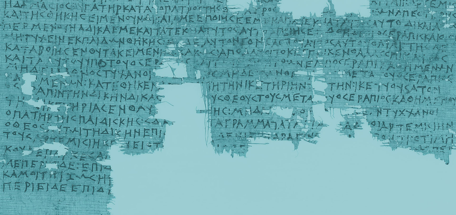 Türkis eingefärbter Scan von einem löchrigen Papyrus