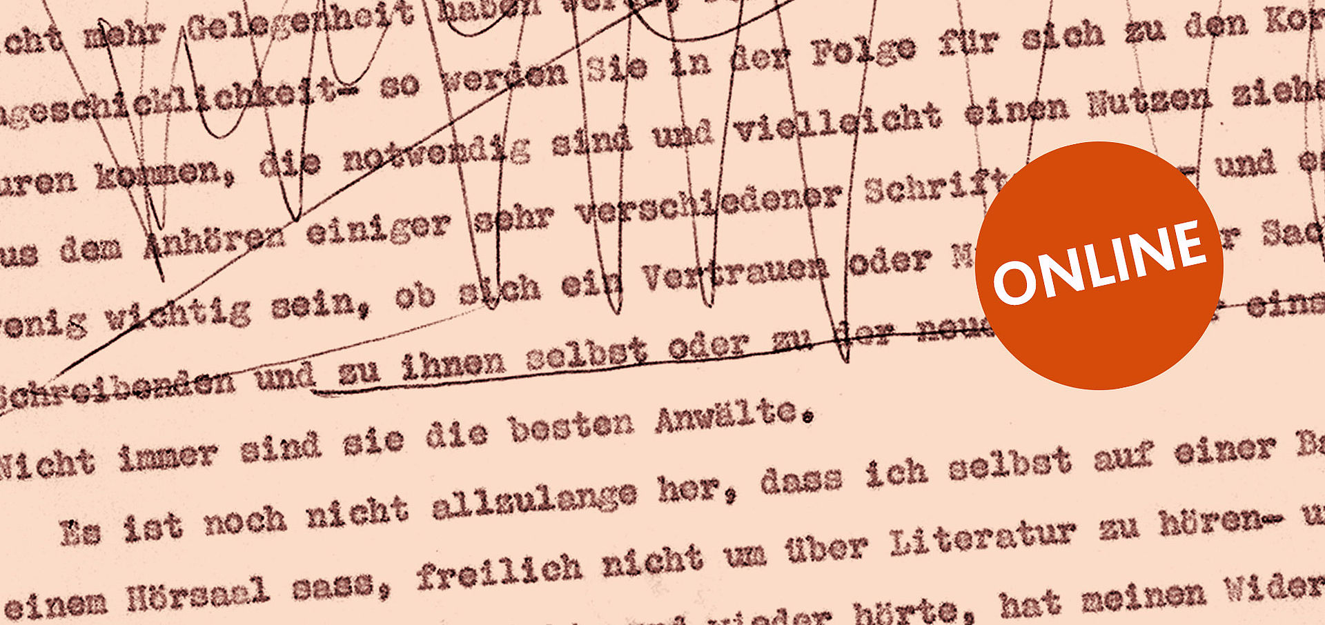 Detail aus einem Typoskript von Ingeborg Bachmann auf rosa eingefärbtem Papier mit Button "Online"
