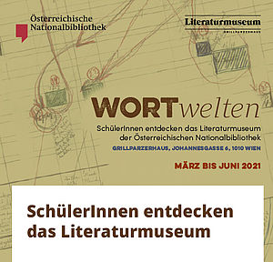 Zeichnung mit Aufschrift "Wortwelten", SchülerInnen entdecken das Literaturmuseum