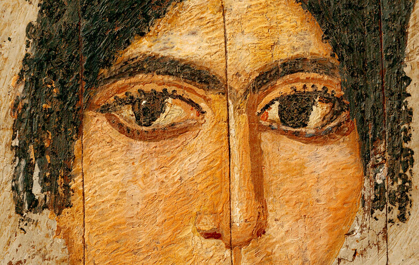 Papyrus-Gemälde einer Person mit großen, dunklen Augen und kurzen Haaren