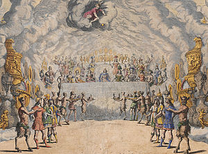 Darstellung einer himmlischen Szenerie, in der Mitte eine Art Altar mit König, Faune bringen Opfergaben