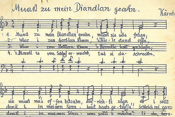 Notenblatt mit Text zum Lied "Muaß zu mein Diandlan geahn"