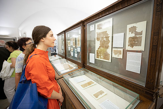 Eine dunkelhaarige Frau in orangem Kleid sieht sich eine Vitrine im Papyrusmuseum an