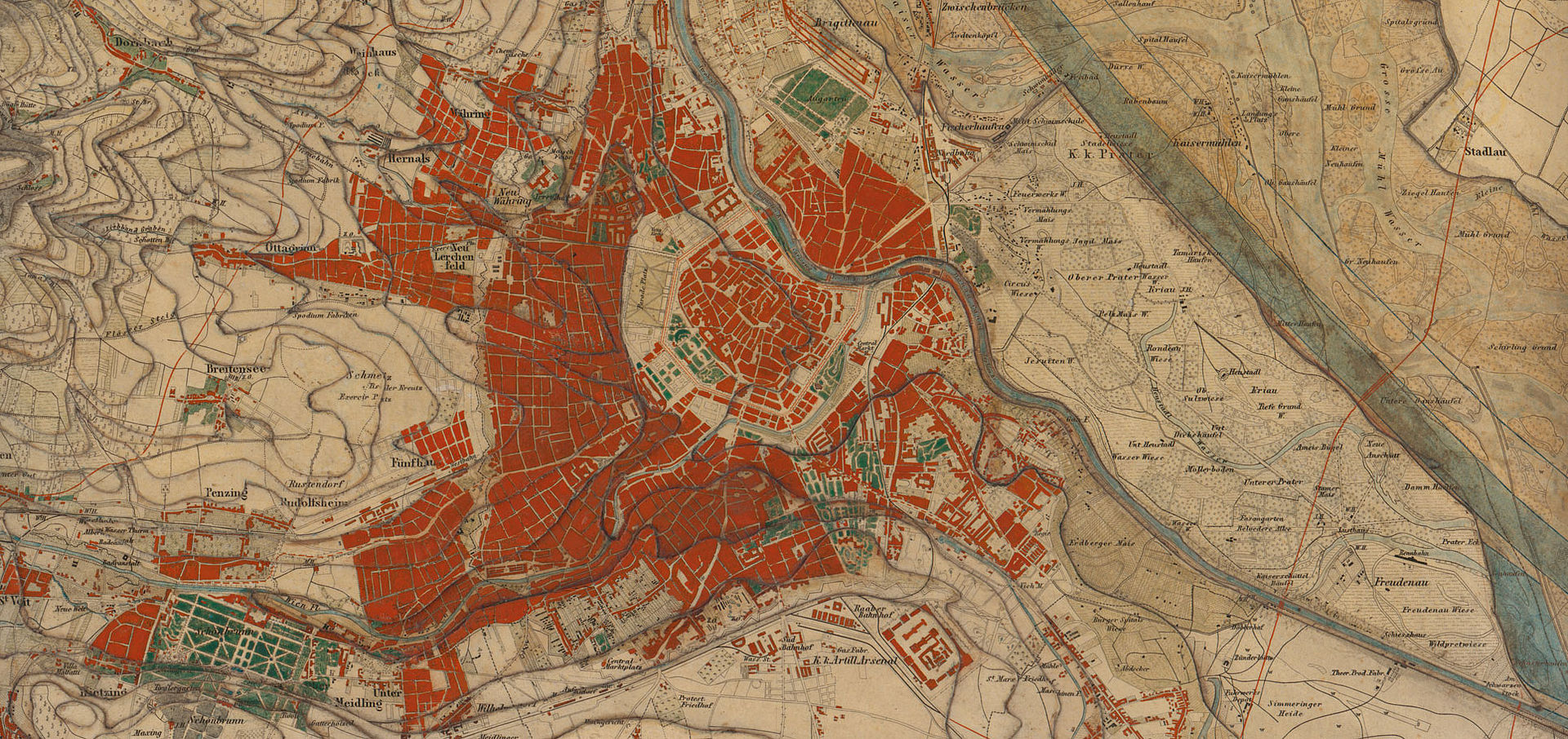 Ausschnitt einer Stadtkarte, mittig sind einige Stellen rot markiert