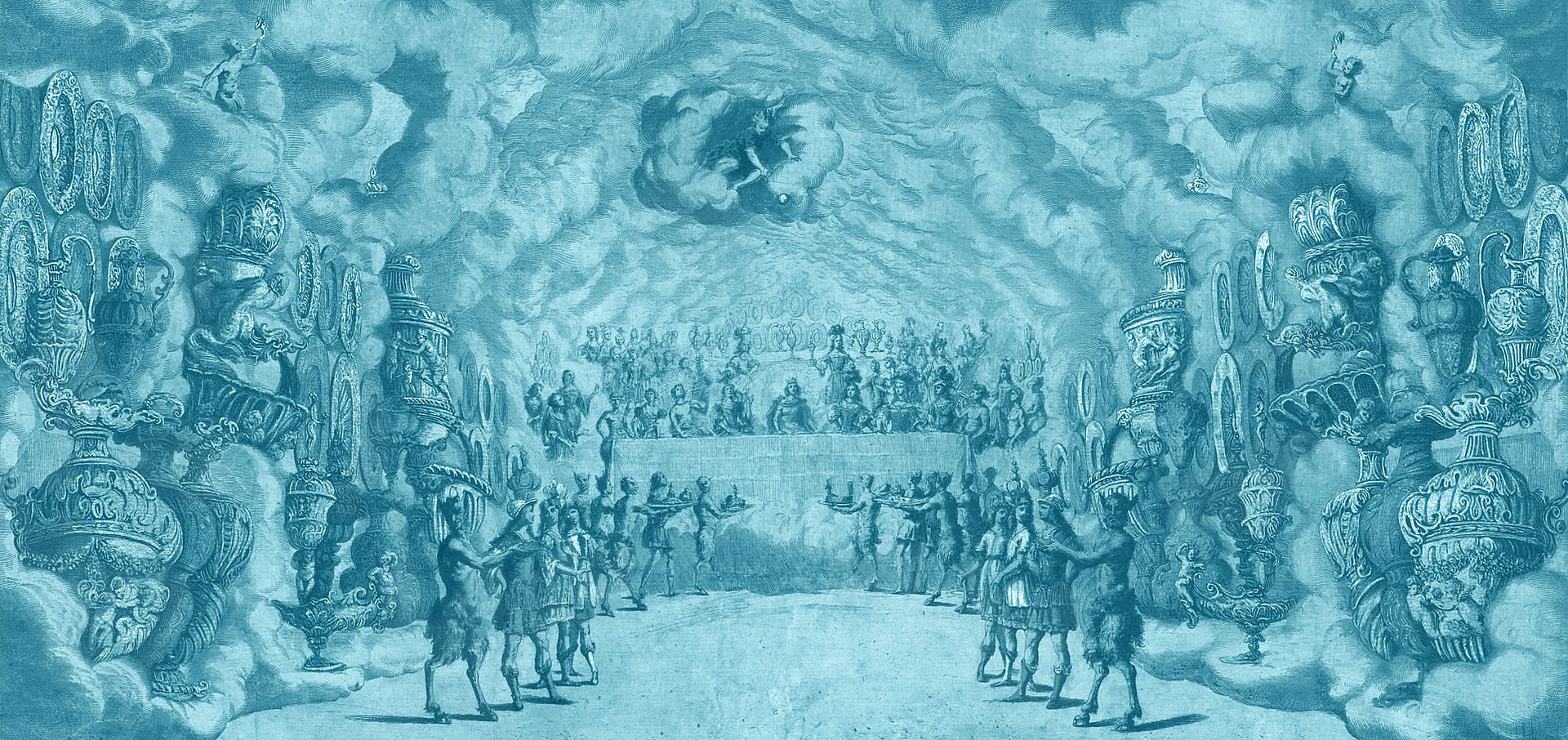 Darstellung einer himmlischen Szenerie, in der Mitte eine Art Altar mit König, Faune bringen Opfergaben. Türkis eingefärbt 