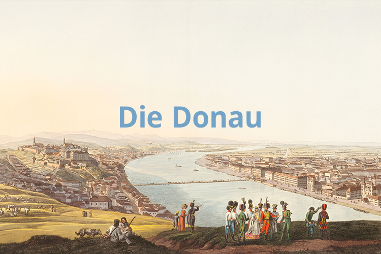 Bunte Zeichnung von Flussszene mit Schriftzug "Die Donau"