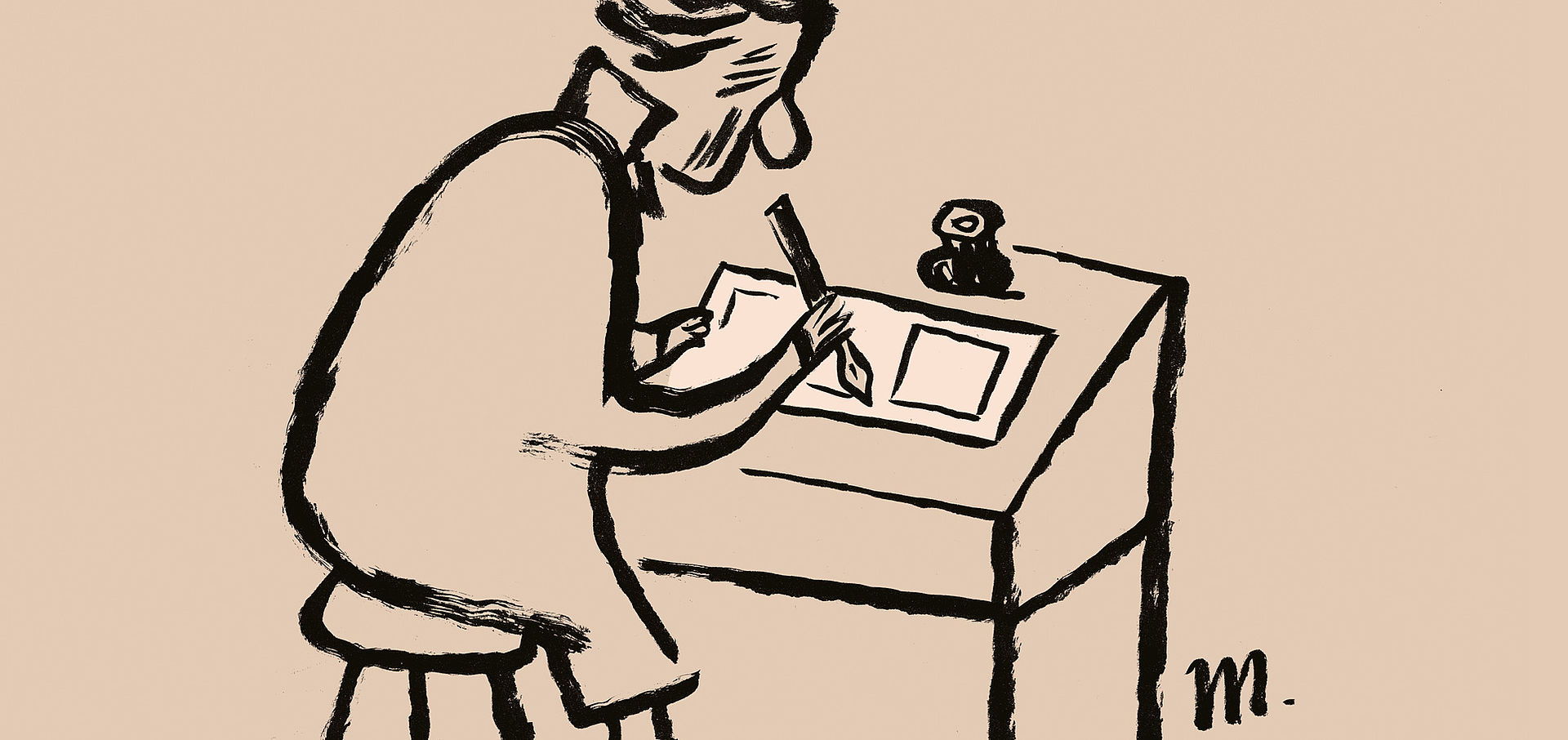 Gezeichnete, männliche Figur sitzt an einem Schreibtisch und schreibt mit einer Füllfeder auf Papier