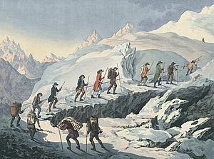 Gemälde: Eine Gruppe Bergsteiger erklimmt einen verschneiten Berg