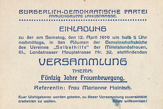 Versammlung zu Fünfzig Jahre Frauenbewegung, Referentin: Marianne Hainisch; Werbeblatt der Bürgerlich-demokratischen Partei, 1919