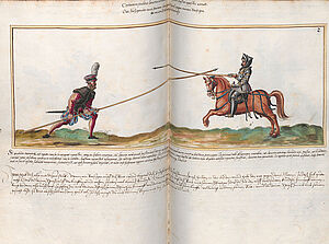 Über zwei Buchseiten reichende Zeichnung von einem Mann zu Fuß und einem zu Pferd, deren Lanzen sich kreuzen.