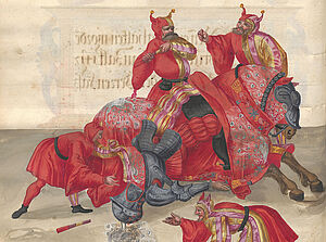 Zeichnung, die einen Ritter darstellt, der von seinem am Boden liegenden Pferd rutscht. Um ihn herum stehen vier andere Männer, alle in roten Gewändern.
