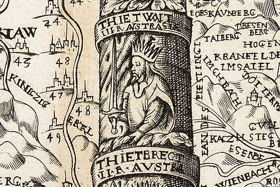 Mann mit Krone und Schwert, links und rechts Landkarte