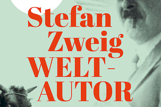 Plakat zur Ausstellung "Stefan Zweig Weltautor" Mann mit Sonnenbrille und Zigarette rechts, links Kuhkopf. 