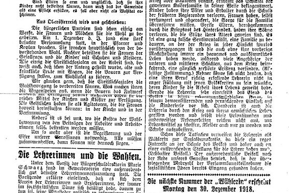 Die Lehrerinnen und die Wahlen; aus: Die Wählerin, Nr. 4, 23. Dezember 1918, Seite 4