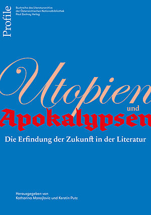 Schriftzug "Utopien - Apokalypsen" auf blauem Grund