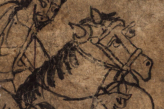 Altes beschädigtes Papyrus mit Reiter und Pferd