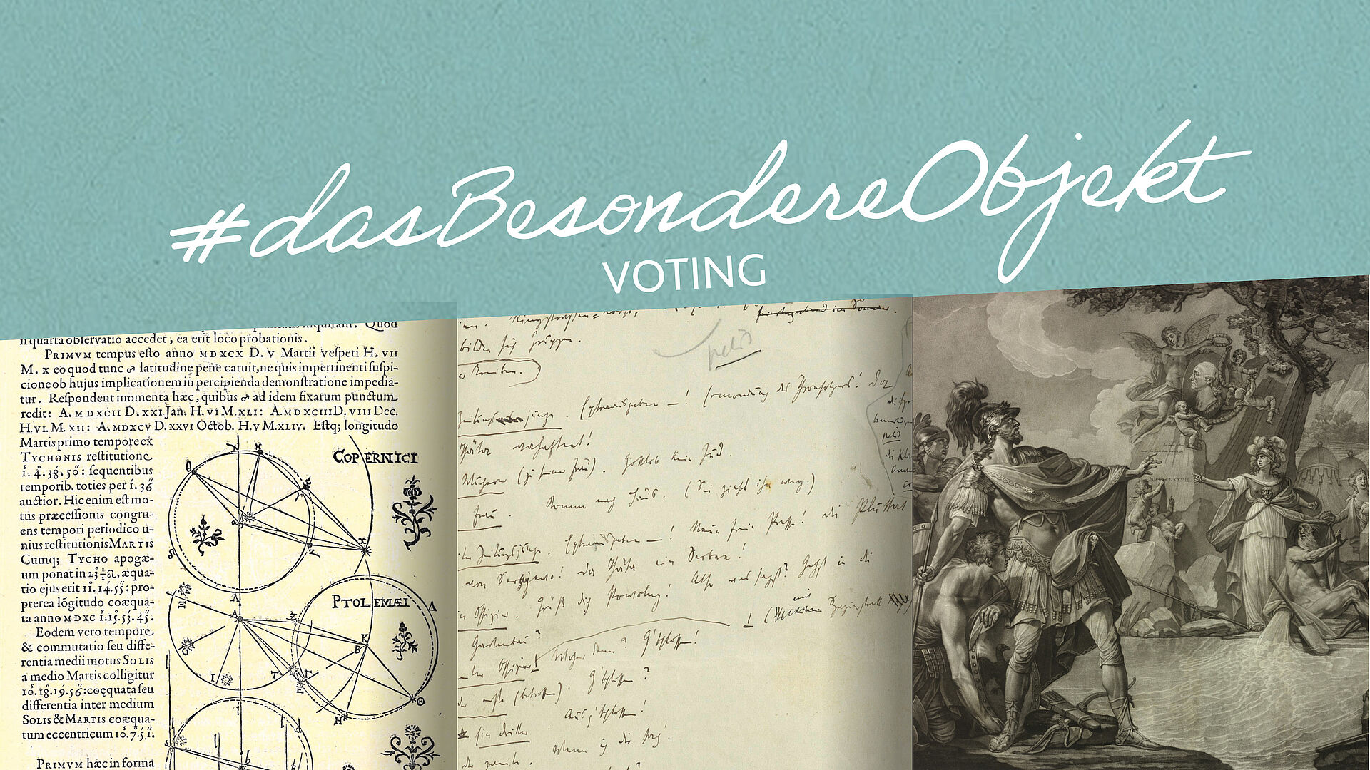 Grafik aus drei Bildern von Texten und einem Gemälde sowie einer türkisen Fläche mit der Aufschrift "# das besondere Objekt Voting"
