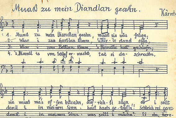 Notenblatt mit Text zum Lied "Muaß zu mein Diandlan geahn"