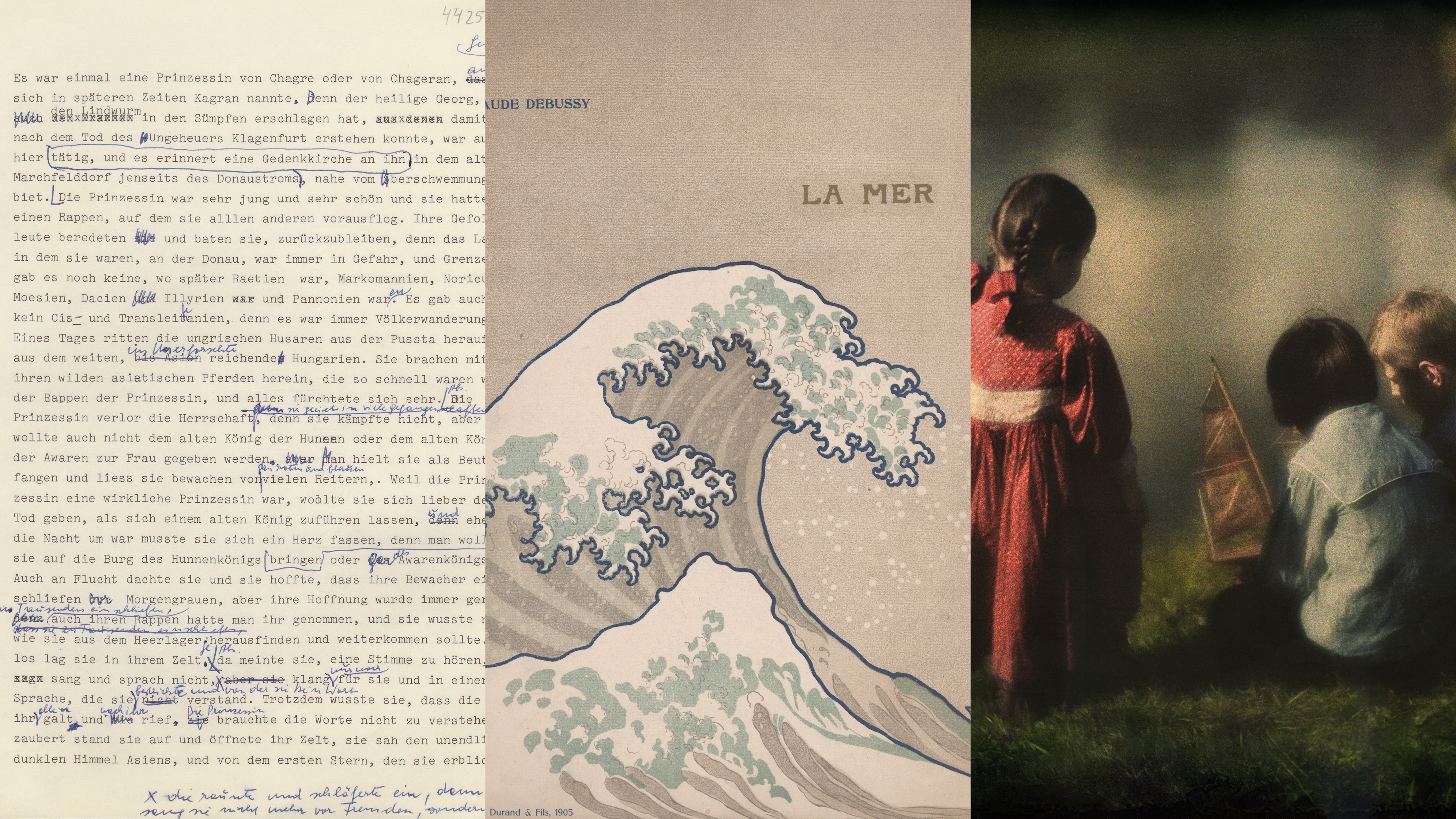 Collage aus 3 Bildern: Typoskript, Welle, Kinder an einem See