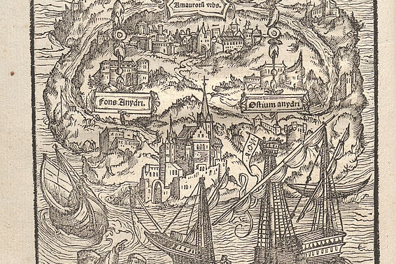 Die Insel Utopia. Aus: Thomas Morus: „De optimo reip(ublicae) statu deque nova insula Utopia“ („Vom besten Zustand des Staates und von der neuen Insel Utopia“), Basler Ausgabe, 1518 – © Österreichische Nationalbibliothek