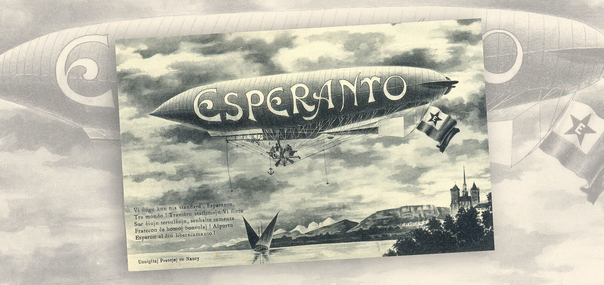 Zeichnung, altmodischer Zeppelin mit Aufschrift "Esperanto"