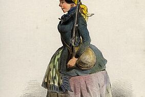 Bewaffnete junge Frau mit einem Hut der Akademischen Legion in Wien 1848 (Lithografie von Anton Zampis) 