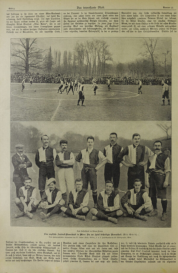 Alte Zeitungsseite mit Fotos von Fußball-Match und Mannschaft.