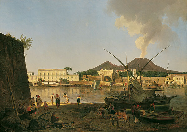 Gemälde mit Hafenszene im Vordergrund, im Hintergrund Stadt und Stadtmauern, dahinter ein rauchender Vulkan