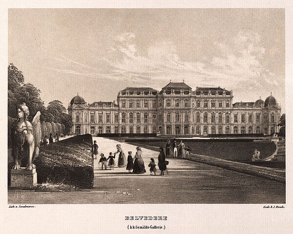 Schwarz-weiße Zeichnung von einem Schloss in Wien, davor ein garten, Statuen und eine Gruppe Menschen mit Kindern