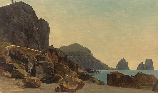 Gemälde einer Felslandschaft am Strang, im Hintergrund ein Hügel