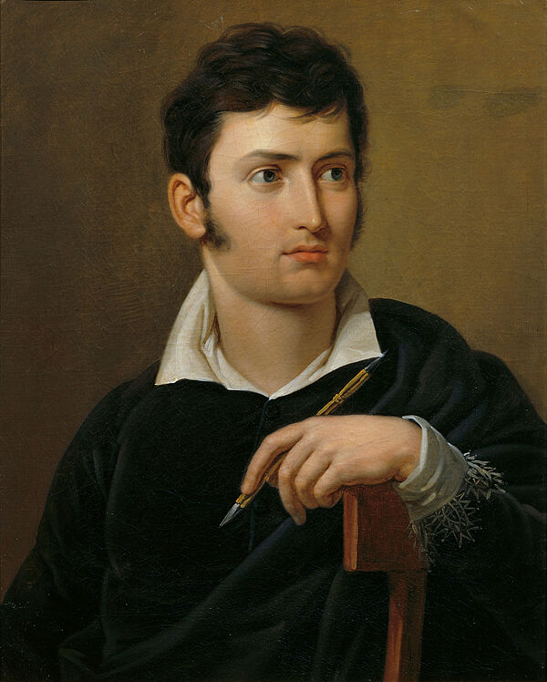 Gemälde, Porträt eines jungen Mannes mit dunklen Haaren und Koteletten, der einen Pinsel hält